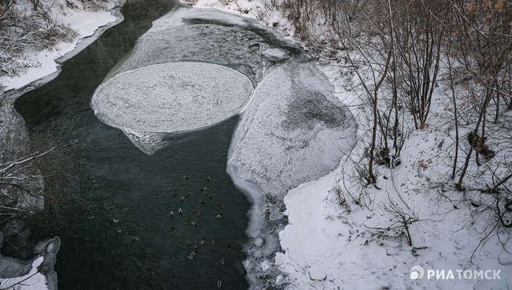 Круглая льдина снова появилась на Ушайке у Аптекарского моста в Томске