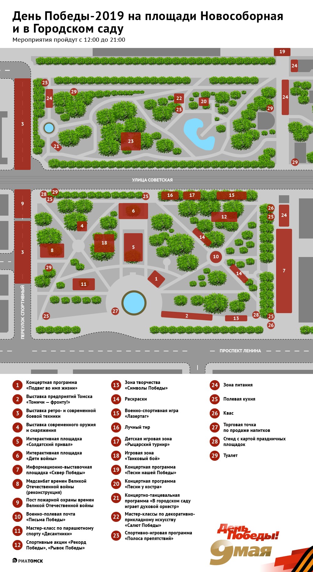 Празднование Дня Победы состоится 9 мая в Томске. После традиционного парада и праздничного шествия в центре города будет организовано множество мероприятий. Сориентироваться в многообразии площадок на Новособорной площади и в Городском саду поможет инфографика РИА Томск.