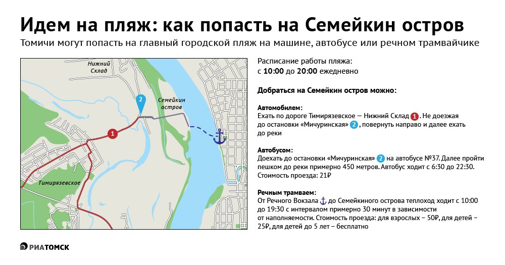 Городской пляж на Семейкином острове в Томске открыт для отдыхающих! Добраться до него можно на машине, автобусе или речном трамвайчике. Подробнее – в инфографике РИА Томск.