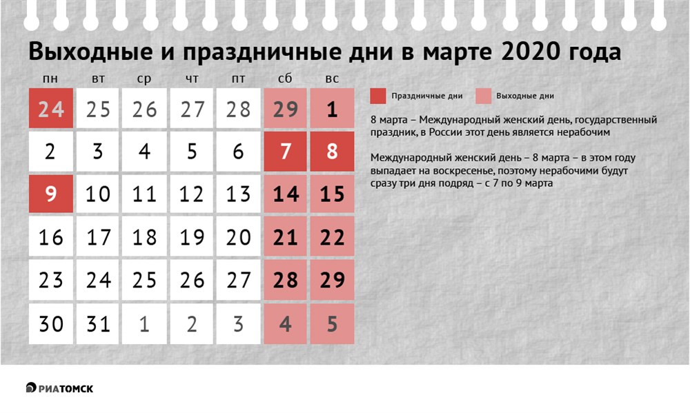 Как отдыхаем в марте 2020 года: календарь выходных дней - РИА Томск