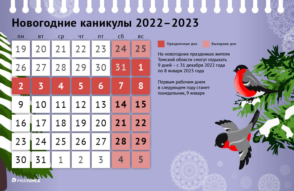 Томичи, как и жители других регионов России, в предстоящие новогодние каникулы будут отдыхать 9 дней. Праздники начнутся 31 декабря, которое в уходящем году выпадает на субботу. Выйти на работу предстоит в понедельник, 9 января. Планируйте уикенд с инфографикой от РИА Томск.