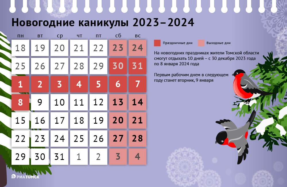 Томичи, как и все россияне, в предстоящие новогодние каникулы будут отдыхать 10 дней. Праздники начнутся уже с 30 декабря 2023 года, а выйти на работу предстоит 9 января 2024-го. Подробнее – в инфографике РИА Томск.