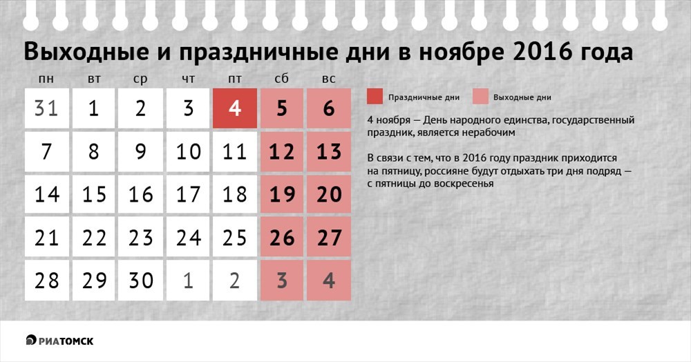 Календарь выходных дней в ноябре 2016 года - РИА Томск
